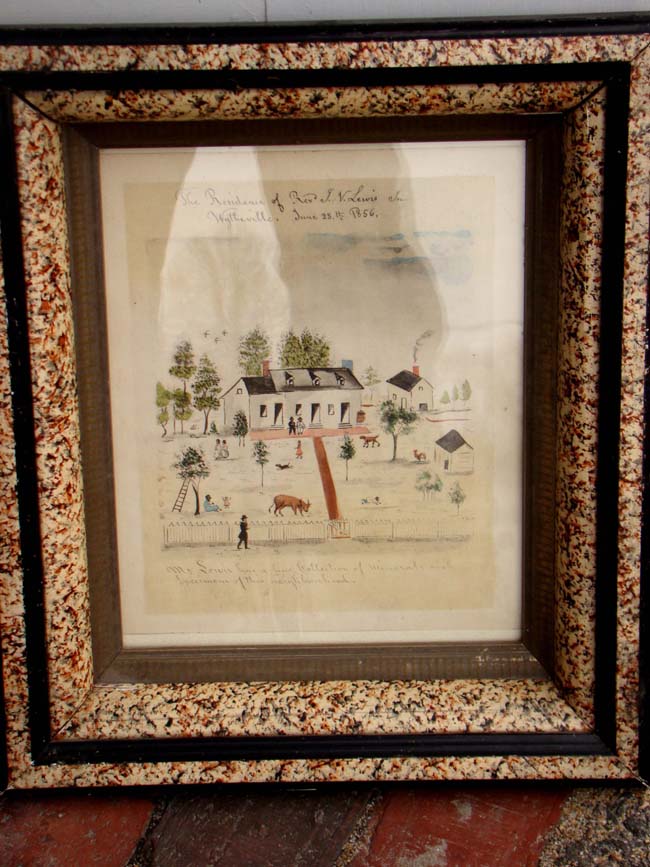 A charming folk art watercolor and ink drawing of the Residence of Rev. J.N. Lewis dated June 28th 1856